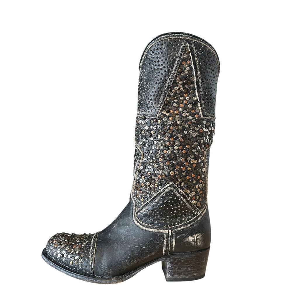 Frye Vintage Deborah Black Leather Studded Star Western Boots 7